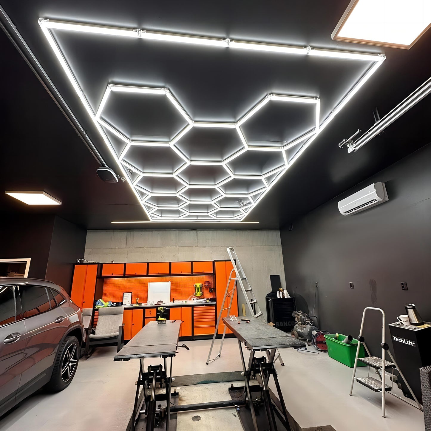 Multiple Hexagon LED lights (14 grid) in workshop