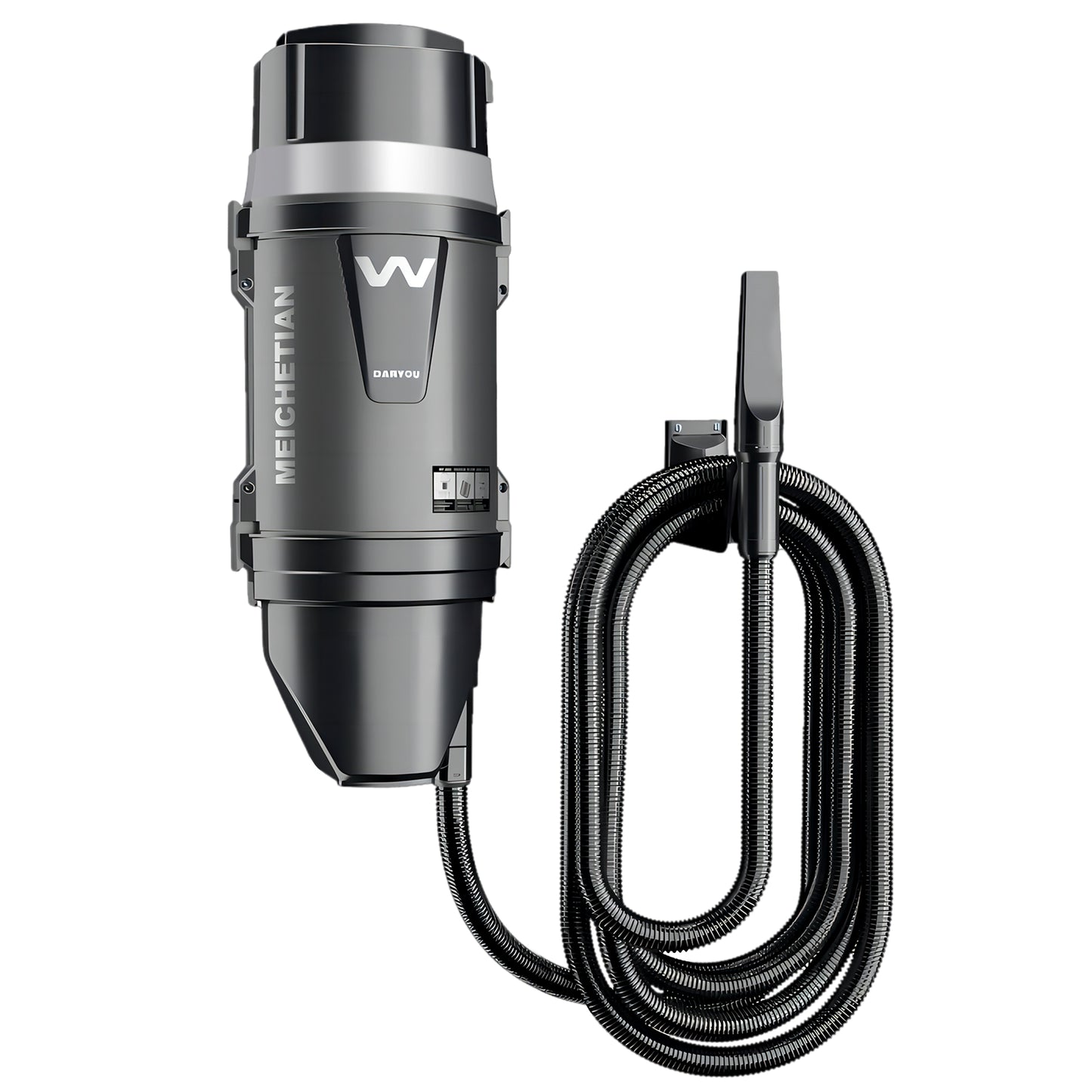 High power car vacuum mounted on a garage wall, offering space-saving and convenient car cleaning