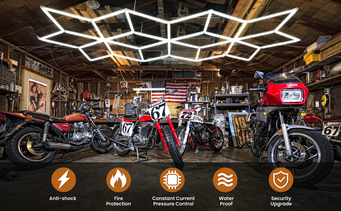 Hexagram LED light illuminating motor bikes