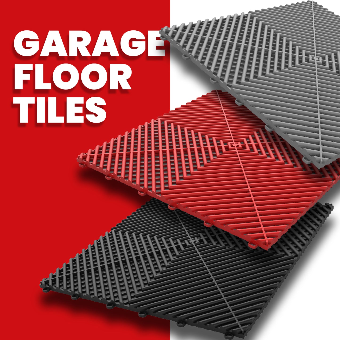 Plastic floor tiles in black, red, and grey
