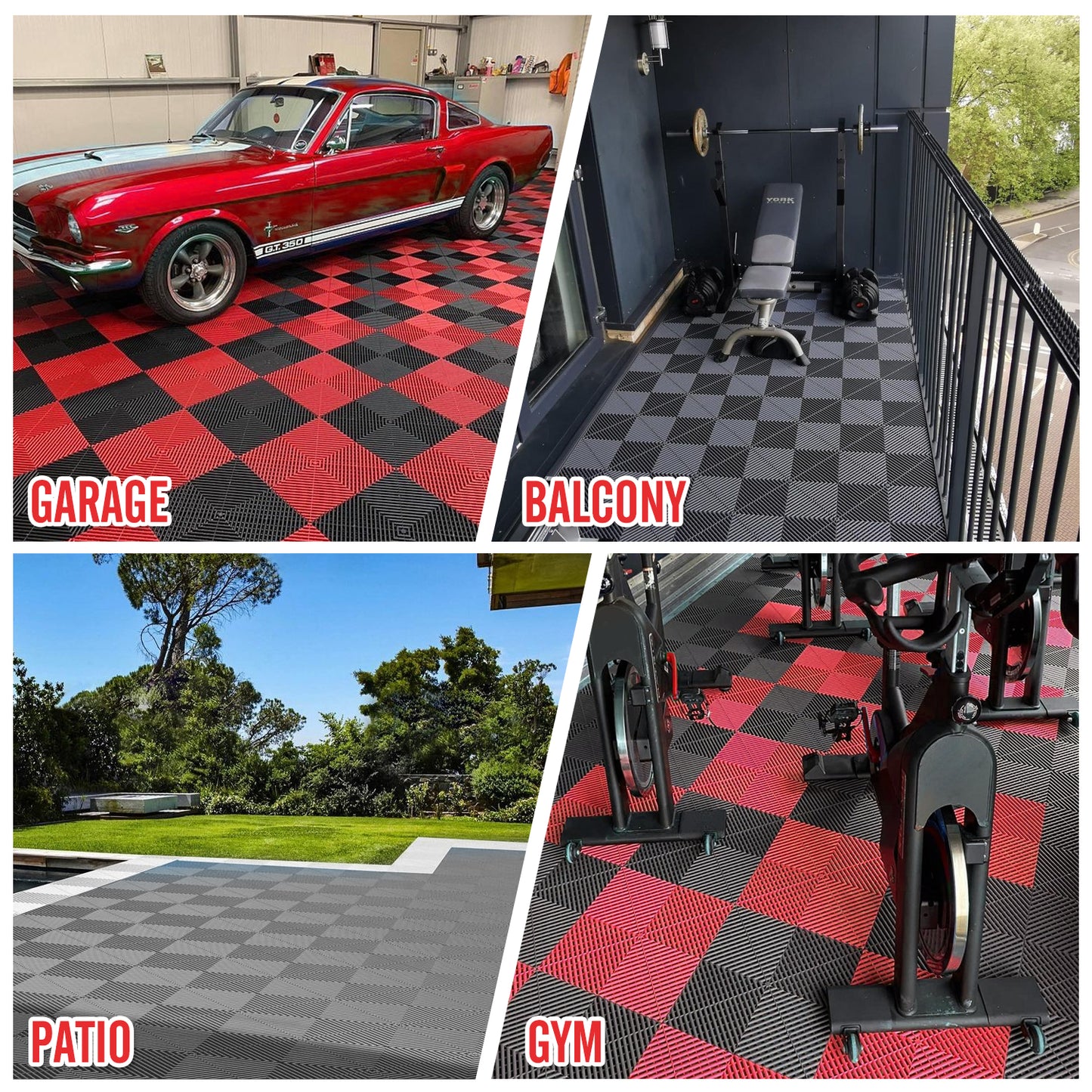 Plastic tile flooring for garage, balcony, patio, gym