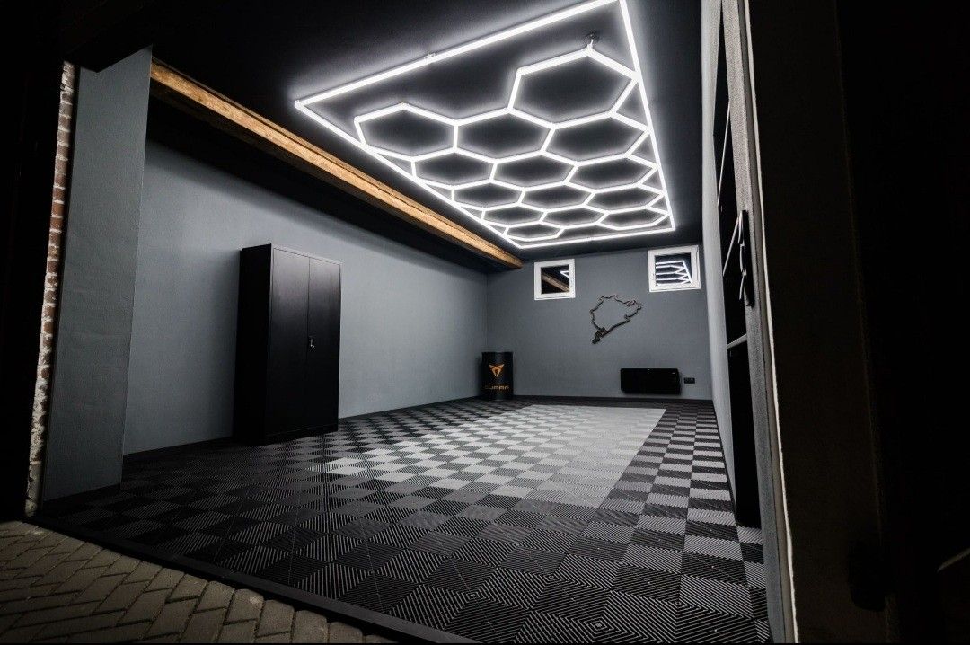Multiple Hexagon LED lights (14 grid) in home garage