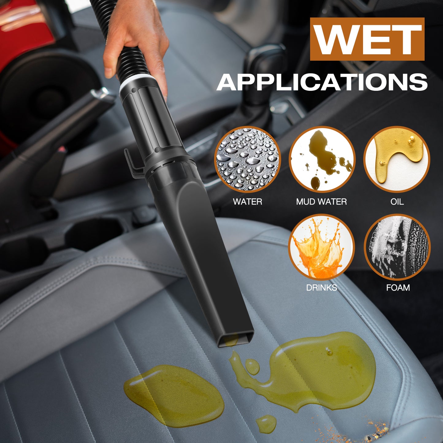 High power car vacuum cleaning water, mud water, oil, drink spill, foam and other wet waste