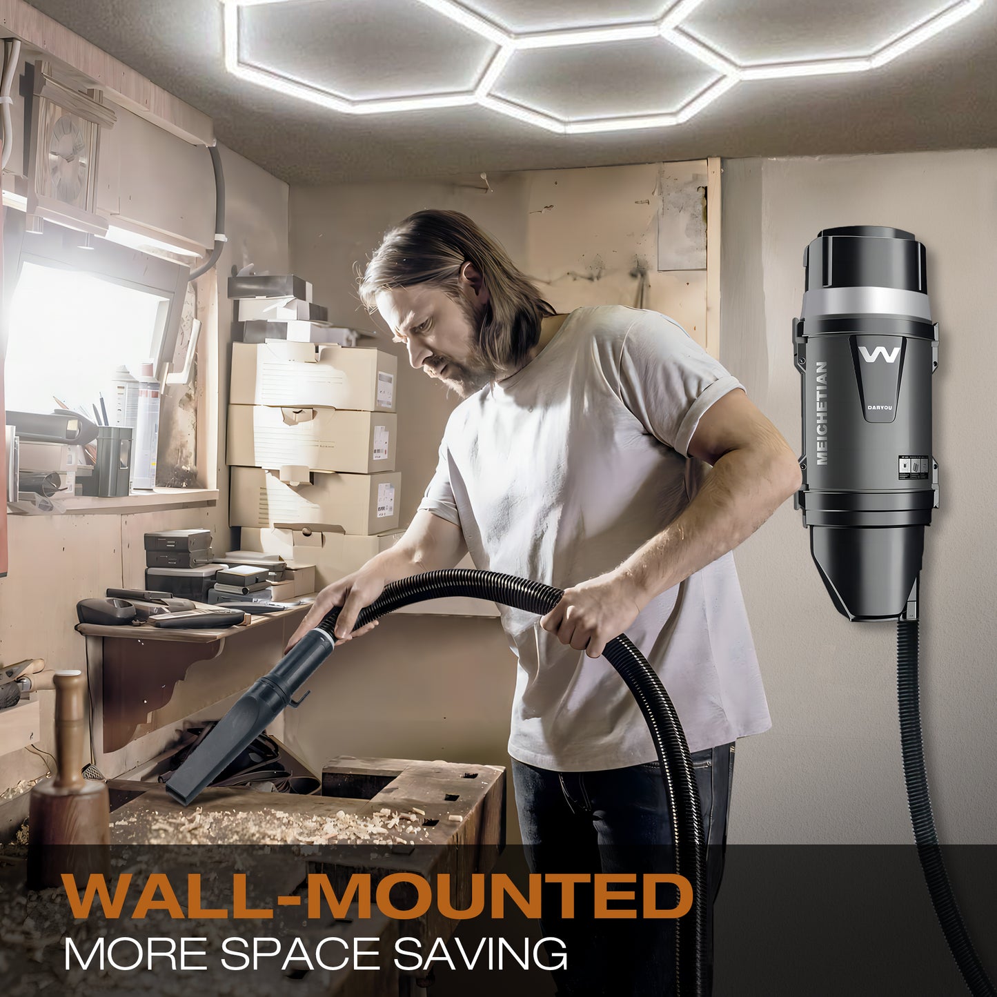 High power car vacuum mounted on a garage wall, offering space-saving and convenient cleaning