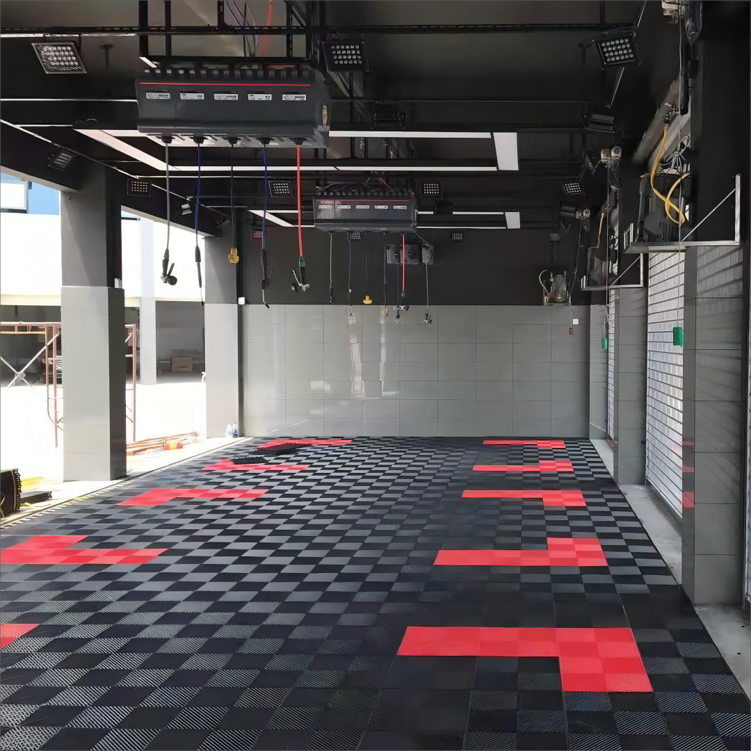 Plastic tile floor tile or mat in home garage
