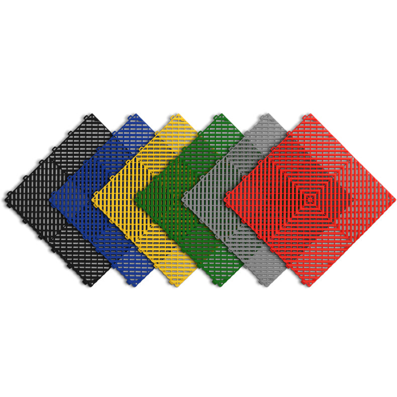 Plastic tile floor tile or mat in blue, black, grey, red, yellow, and green color