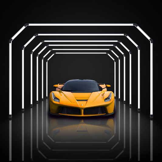 Large LED light arch tunnel in sleek black design for garages, showrooms, gyms, and studios