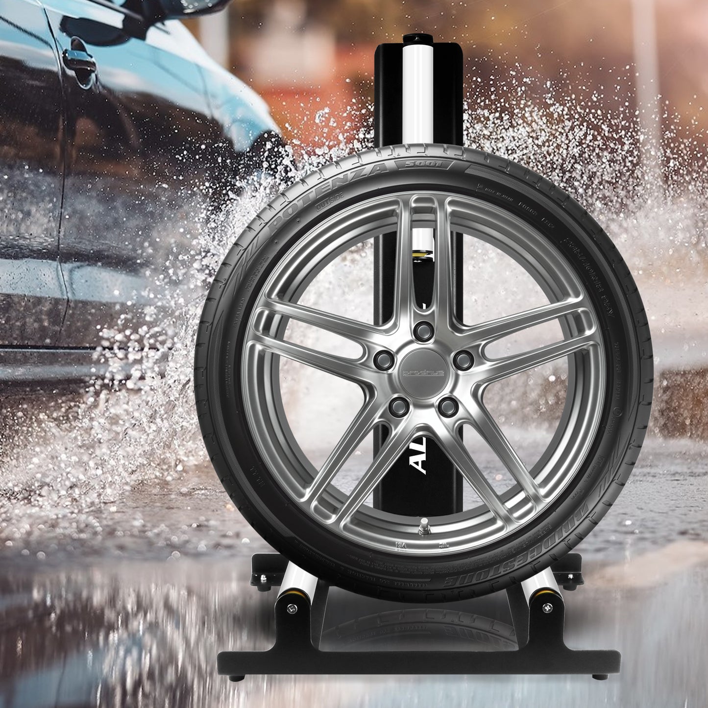 Rolling Wheel Detailing Stand with sturdy black frame