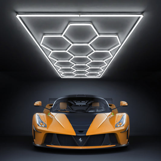 Hexagon LED lights with 15 grids providing modern, bright illumination for shops, garages, offices, gyms, and showrooms