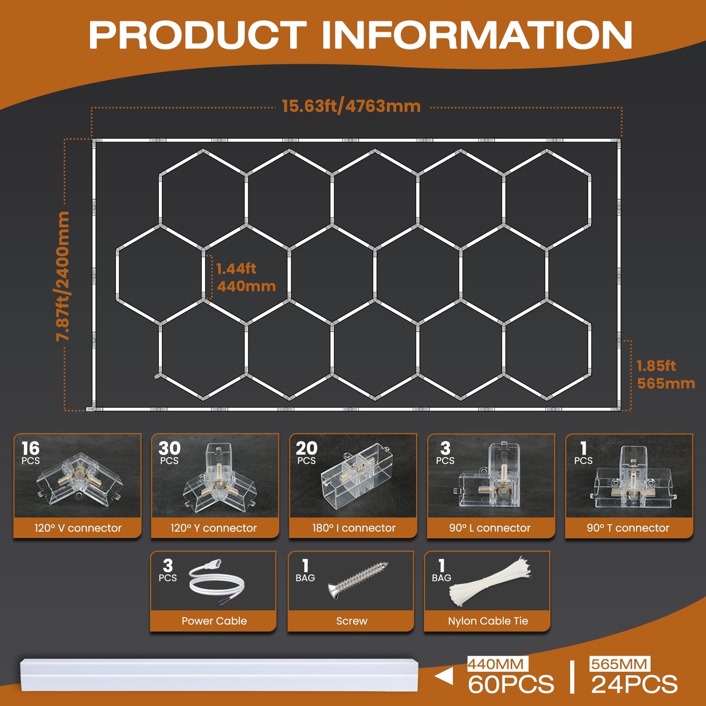 Hexagon LED lights (15 grids) dimensions and components