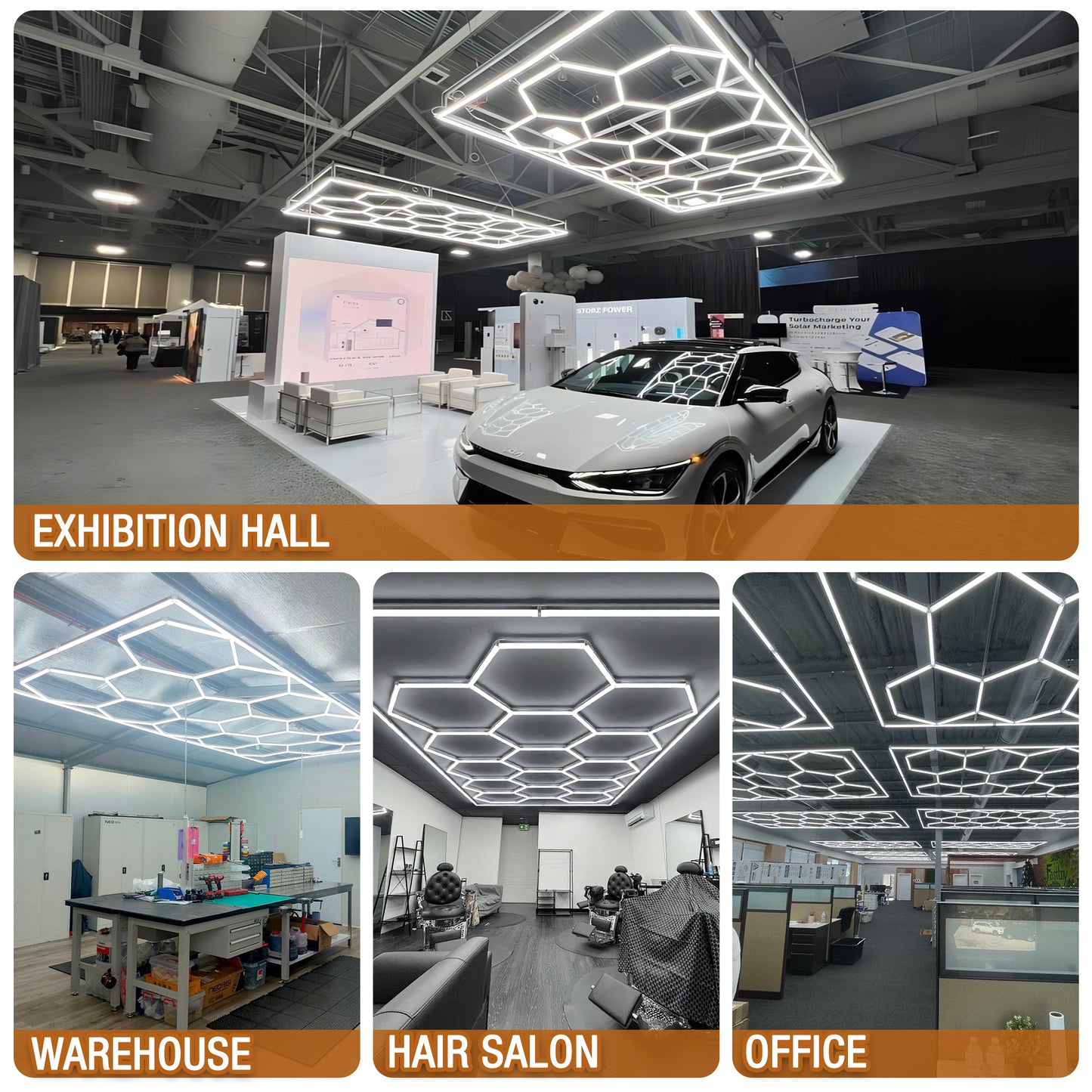 Hexagon LED lights (15 grids) in exhibition hall, warehouse, salon, office