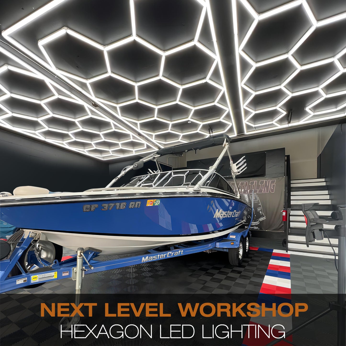 Hexagon LED lights (15 grids) illuminating a boat in showroom