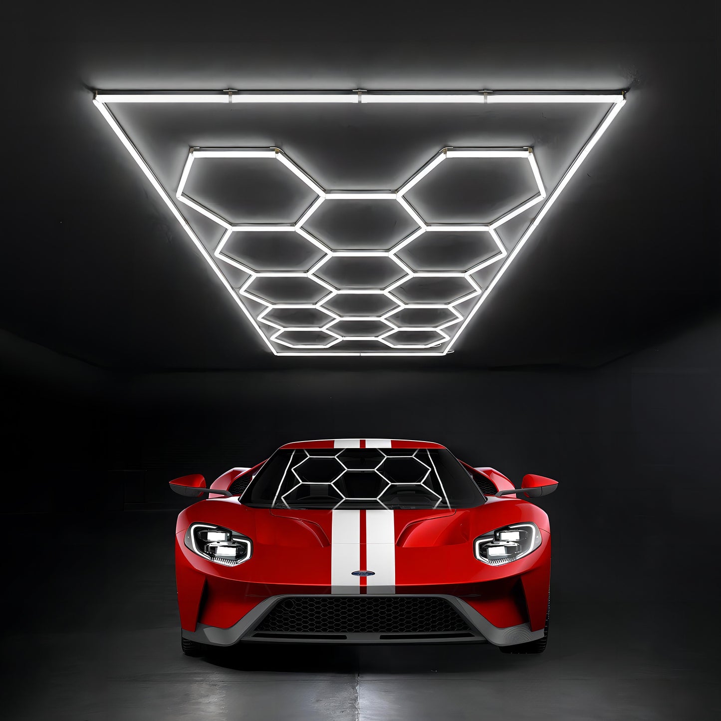 Hexagon LED light with 14 grid design for bright lighting in garages, offices, gyms, and showrooms