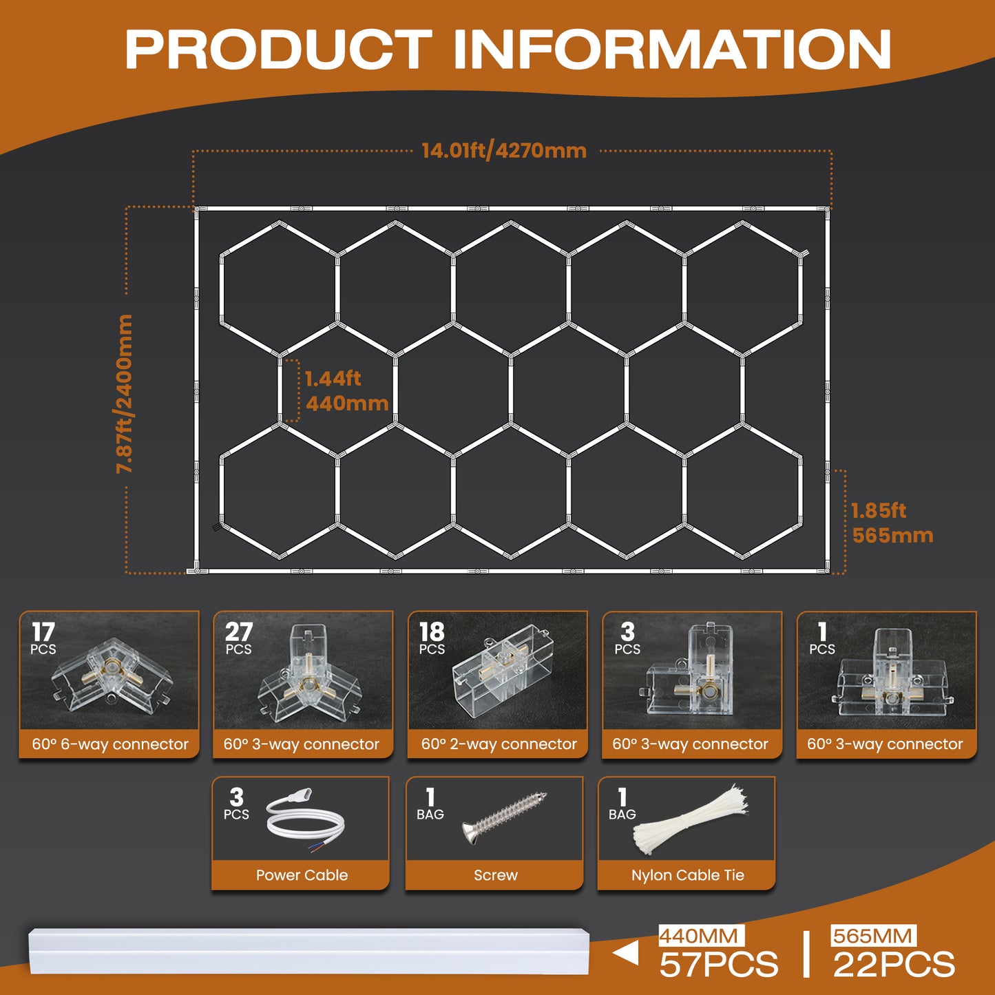 Hexagon LED light (14 grid) dimension and components