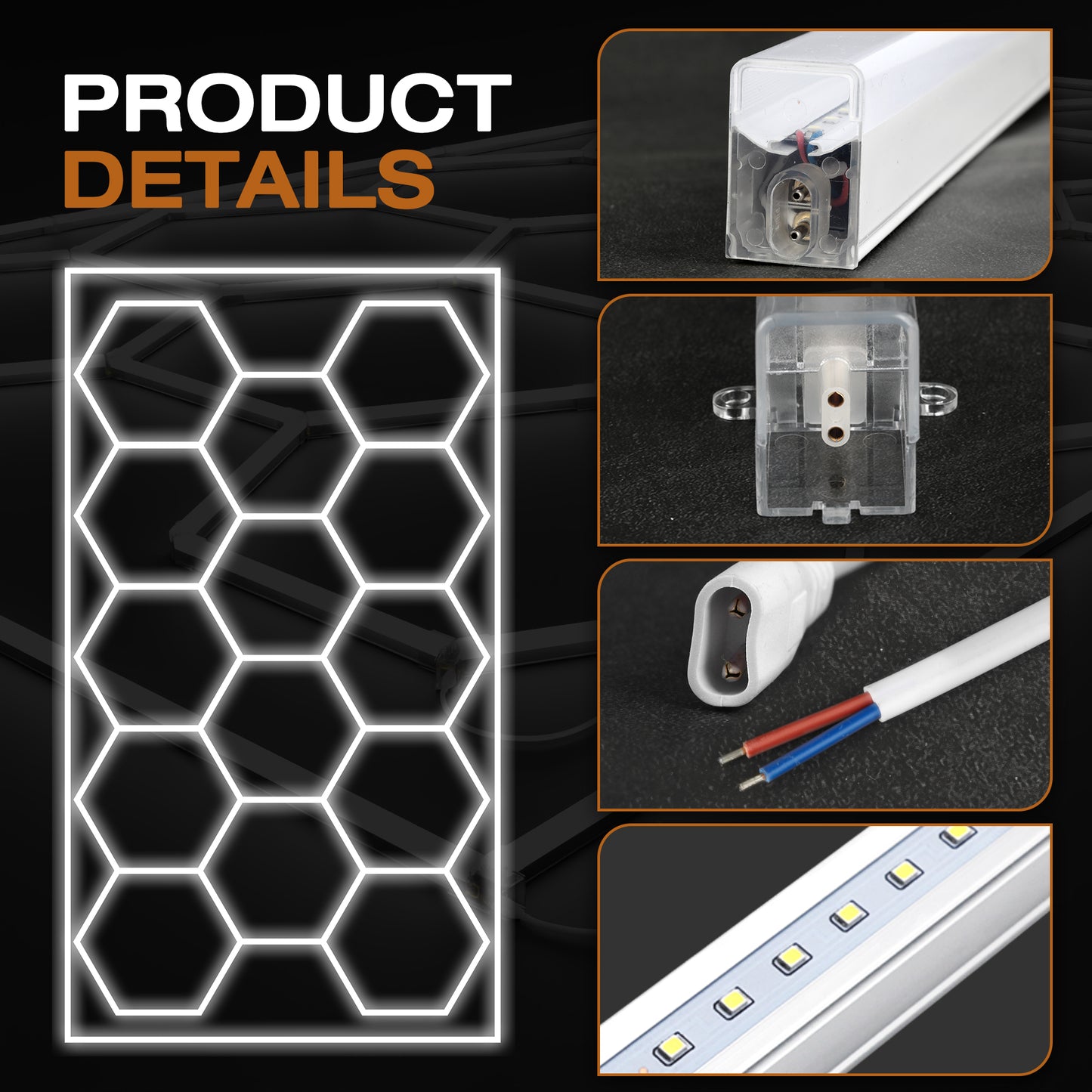 Multiple Hexagon LED lights (14 grid) geometry and close up
