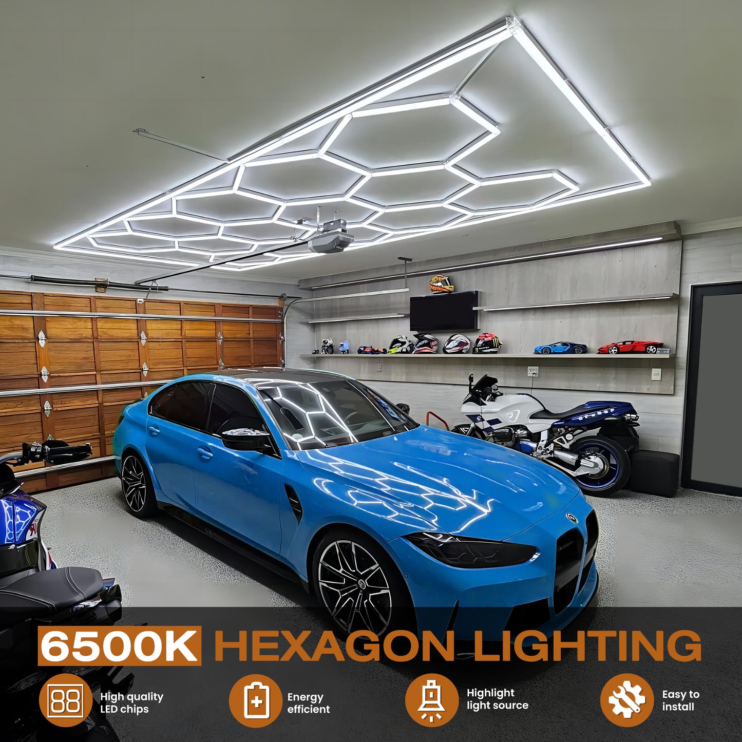 Hexagon LED light (14 grid) installed in home garage