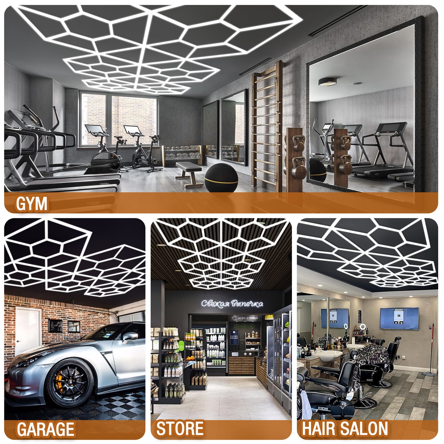 Soccer-inspired LED light in gym, garage, store, and salon