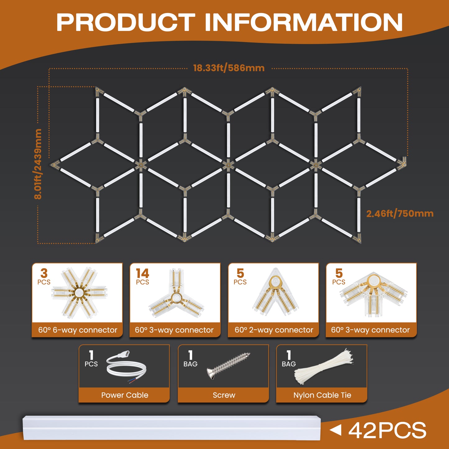 Hexagram LED light product dimensions and components