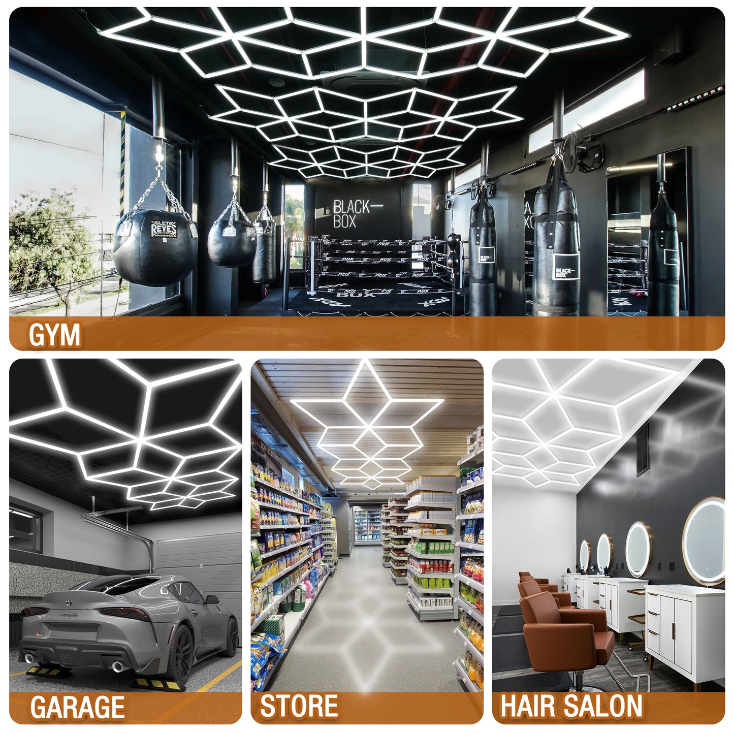 Hexagram LED light in gym, garage, store, and salon