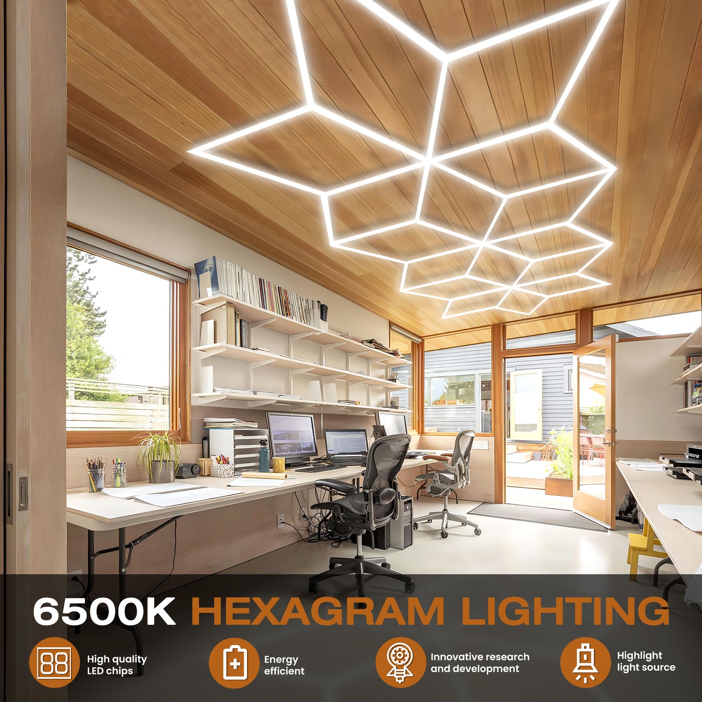 Hexagram LED light mounted on a ceiling, providing bright overhead lighting in home office