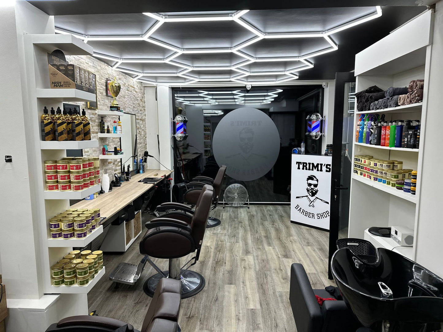 Multiple Hexagon LED lights (14 grid) in barber shop