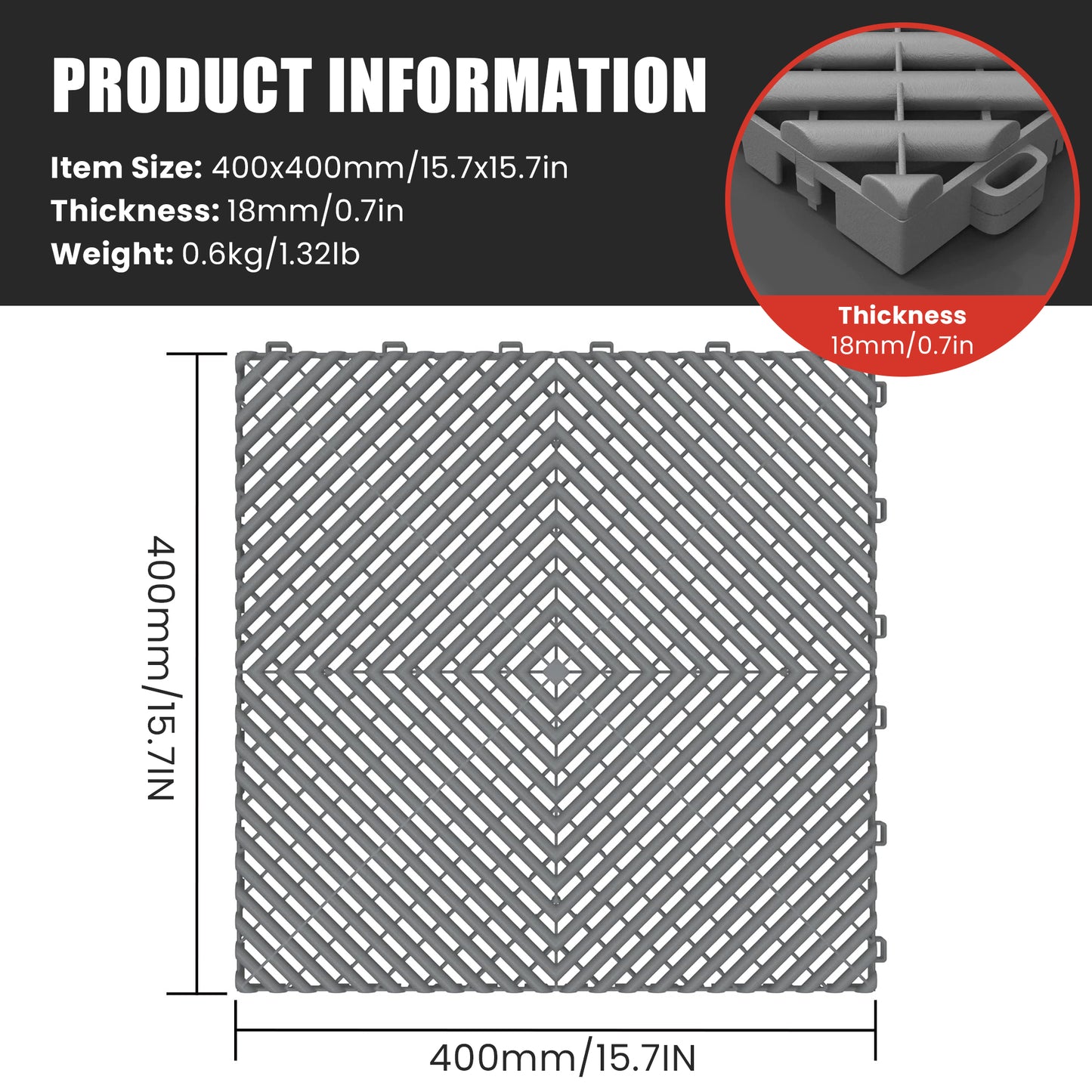 Plastic floor tile dimension, thickness, and weight