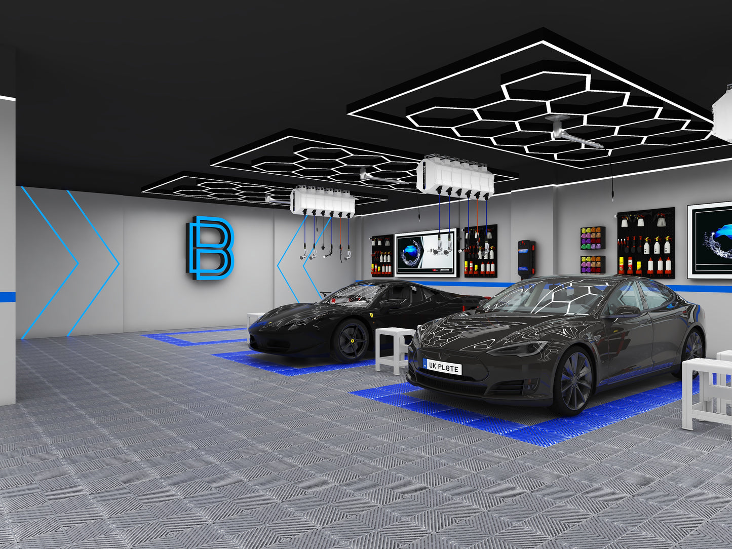 3D rendering of free design for flooring and LED lighting with custom solutions for shops, garages, offices, gyms, and showroom