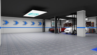 3D rendering of free design for flooring and LED lighting with custom solutions for shops, garages, offices, gyms, and showroom