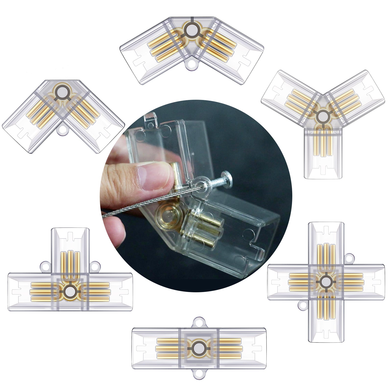 close-up of fixing suspension cable wire onto LED ceiling lights