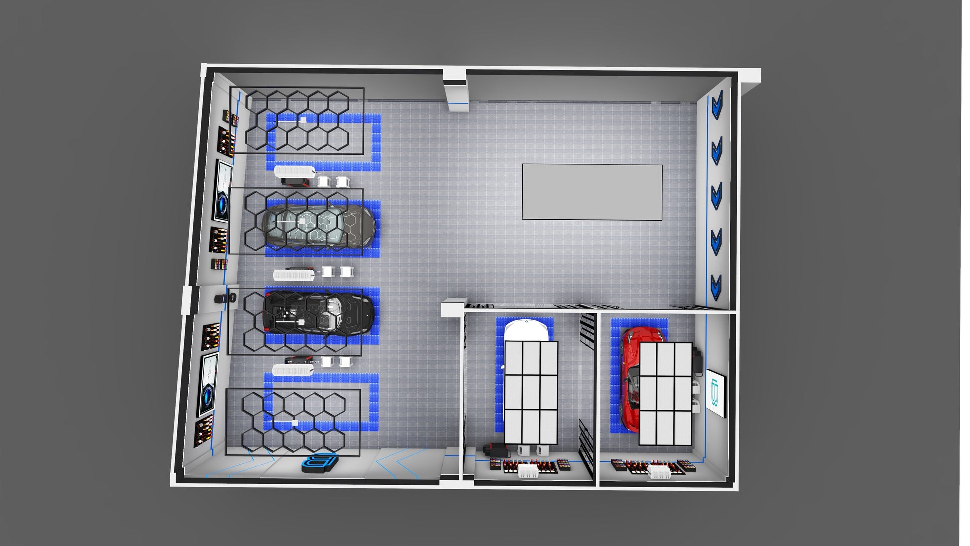 3D rendering of free design for flooring and LED lighting with custom solutions for shops, garages, offices, gyms, and showroom