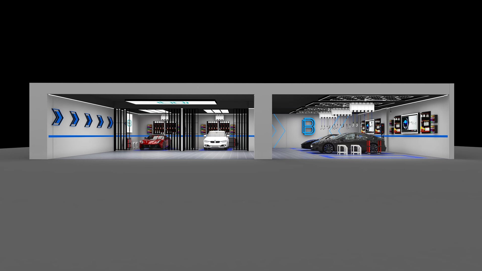 3D rendering of free design for flooring and LED lighting with custom solutions for shops, garages, offices, gyms, and showroom