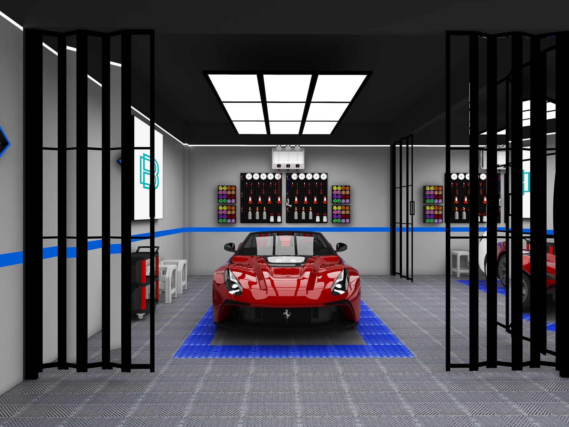 3D rendering of free design for flooring and LED lighting with custom solutions for shops, garages, offices, gyms, and showroom