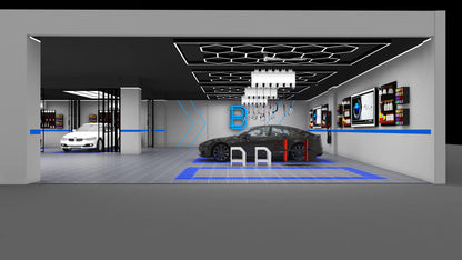 3D rendering of free design for flooring and LED lighting with custom solutions for shops, garages, offices, gyms, and showroom